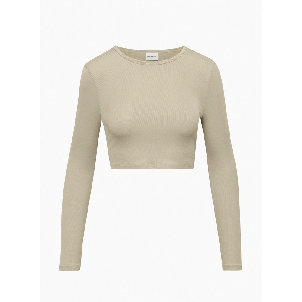 Aritzia Sunday Best Long Sleeve Ribbed Cropped Top Beige Crewneck Size Large‎